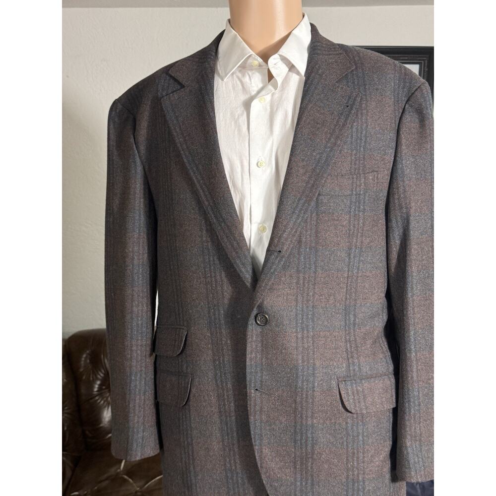 Brunello Cucinelli Burgundy Blue Flannel Plaid Blazer Jacket 54 44R Wool Cashmer